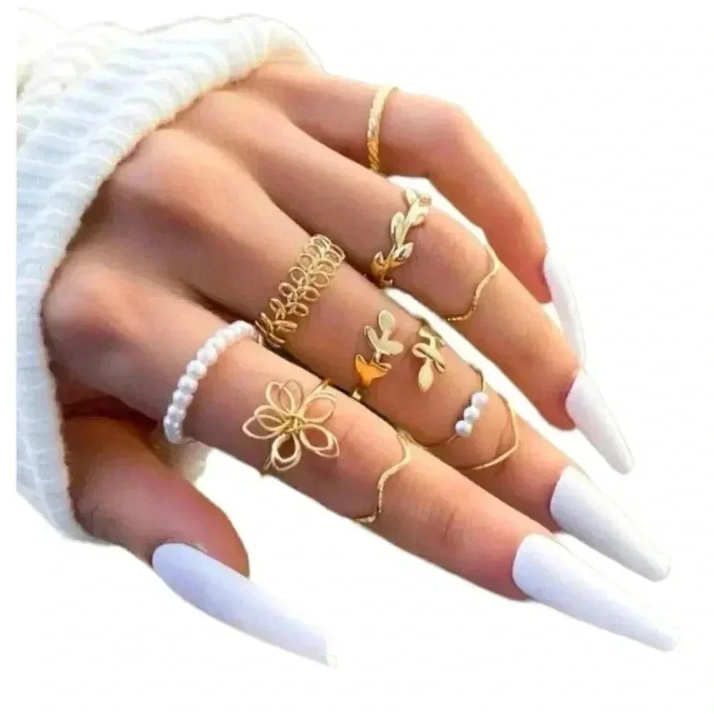 Flower Leaf Faux Pearl Ring Set